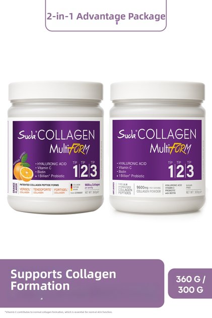 Multiform Hydrolyzed Collagen Hair, Nail and Skin Support - Unflavored 300g X Orange Flavored 360g