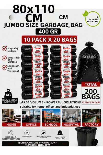 80X110 cm 90 Liter Jumbo Size Garbage Bag 200 Pieces Black Durable Industrial Garbage Bag 10 Rolls of 20