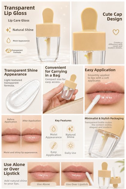 Transparent Lip Gloss, Colorless Lip Care Gloss, Moist and Shiny Appearance, Gloss over Lipstick