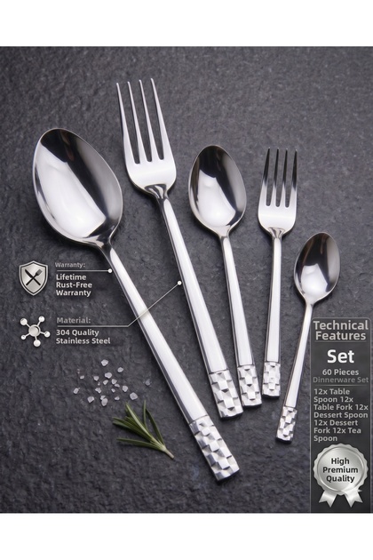 Gourmet 60 Piece Cutlery Set for 12 People 304 Quality 18/10 Stainless