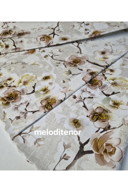 Brown Cream Floral Spring Branch Wipeable Pvc Round Oilcloth Tablecloth