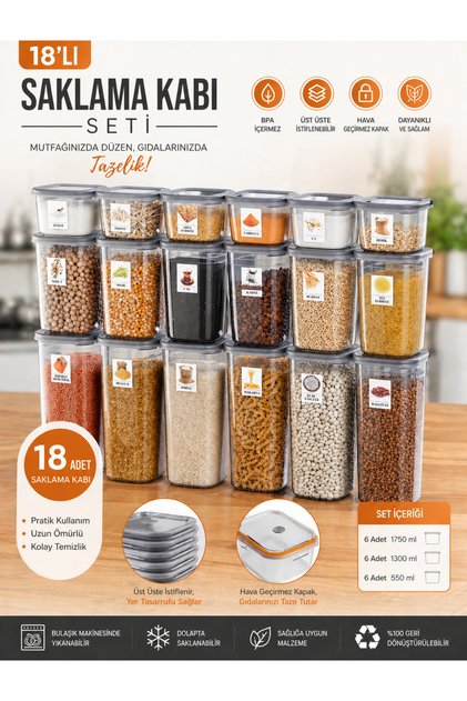 18-Piece Anthracite Food & Legume Storage Container Set | 3 Different Sizes | With Free Labels (1.75–1.2–0.55 L)