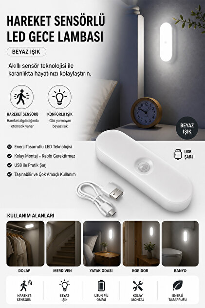 Neo Vista Beyaz Işık Hareket Sensörlü Usb Şarjlı Led Işık Lamba