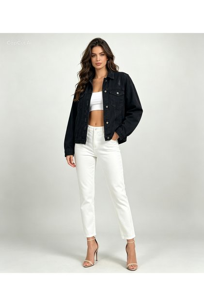 Siyah ,Yıpratma Detaylı Oversize Denim Ceket OYOK26CE2190