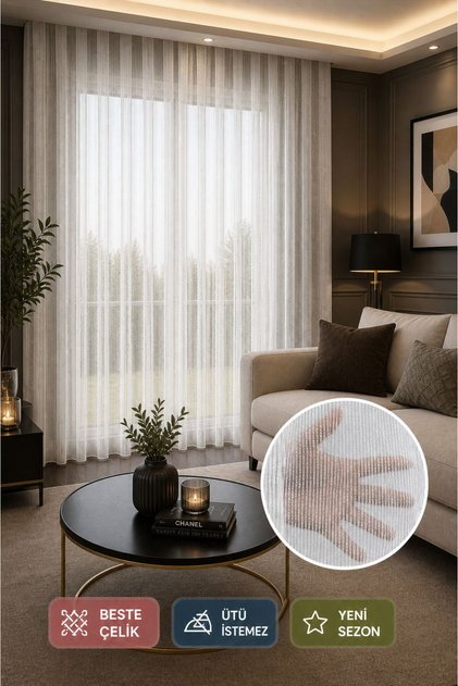 Striped Detailed New Season Plain Simple Useful 1x2 Sparse Pleated Tulle Curtain