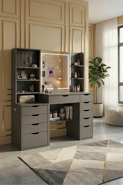 Diva Dokunmatik Led Aynalı 2 Raflı 6 Çekmeceli Makyaj Masası +Takılıklı Aksesuar Dolabı Antrasit Gri
