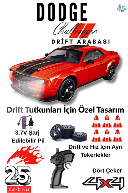 Brother Toys 25 Km/H Hız Yapan Dodge Challenger Görünümlü Şarjlı