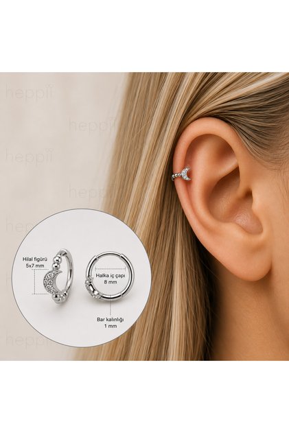 Gümüş Renk Cerrahi Çelik Ay Modelli Halka Tragus Piercing Helix Lob Kıkırdak