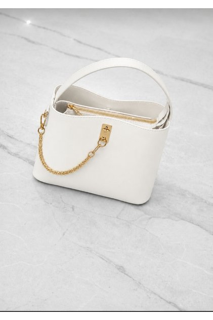 Women's 3-Compartment Square Model Chain Detail Handbag and Shoulder Bag White