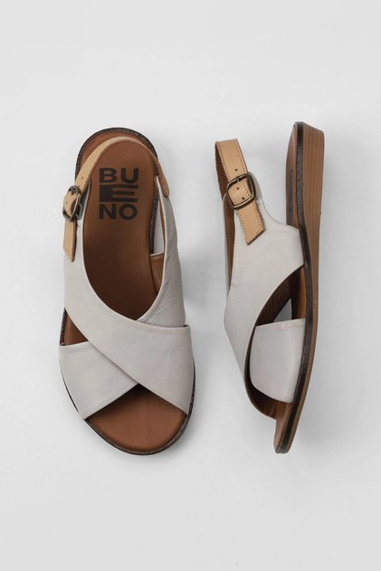 Gray Beige Leather Women's Flat Sandals 01Wu8213