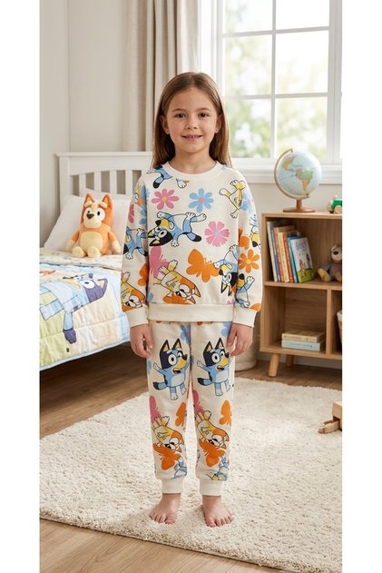Kız Çocuk Pamuklu Şardonlu Beyaz Bluey Desenli Uzun Kollu Pijama Takımı