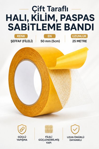 Çift Taraflı Takviyeli 25 Metre 5 Cm Halı Kilim Kaydırmaz Sabitleme Bandı Bantı Kaydırmaz Bantları