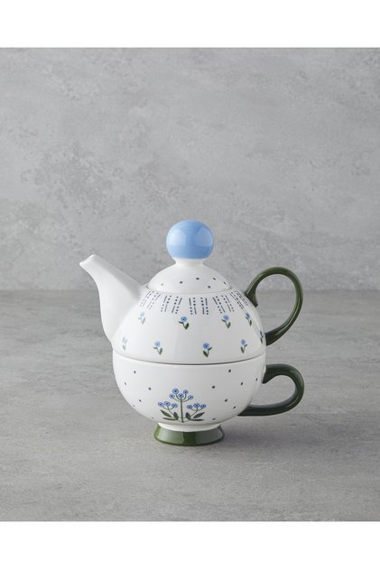 Blue Flowers New Bone China Demlik Seti 400 ml Mavi