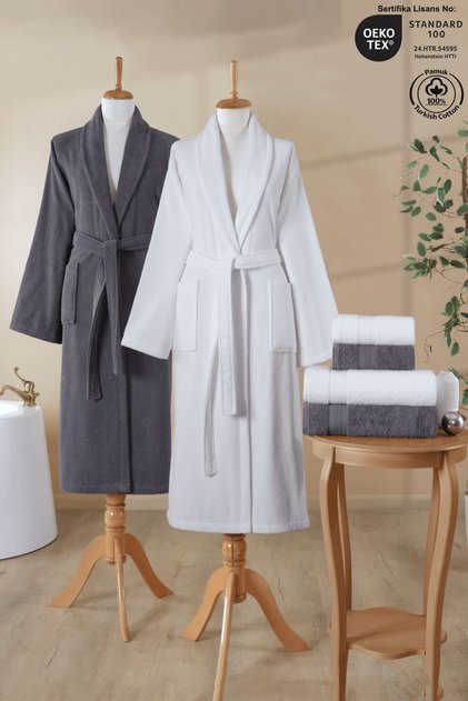 6 Piece Bathrobe Set 100% Cotton Certified, Family Bathrobe Set | Dowry | White - Anthracite