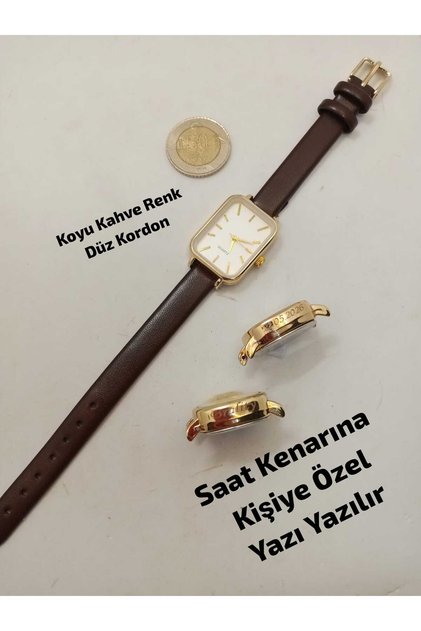 Personalized Text Can Be Written on the Watch, Retro Model Women's Wristwatch in Dark Brown Color, Gold Color Case, White Color Dial.
