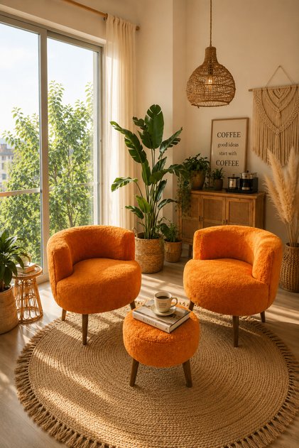 Çay Seti Ikili Koltuk Berjer Ve Puf Takımı turuncu teddy (SALON, BALKON, OFİS) 3 Lü Takım