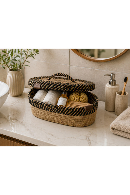Jute Wicker Oval Covered Basket Organizer Decorative Basket Handmade Handwoven Basket