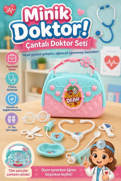 Eğitici Çantalı Minik Doktor Seti 7 Parça - Stetoskoplu Kız Erkek Çocuk Rol Yapma Oyun Seti (3+ Yaş)