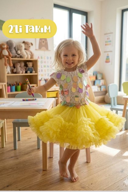 Girl's Fluffy Tutu Skirt and Large Sequined Blouse Evening Dress 2-Piece Set