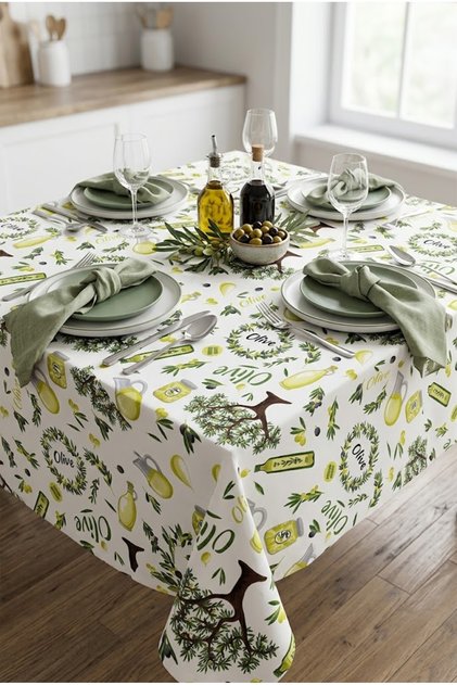 Luxury Olive Patterned Digital Printed Tablecloth 100% Quality Fabric Stain Resistant Rectangular Cover