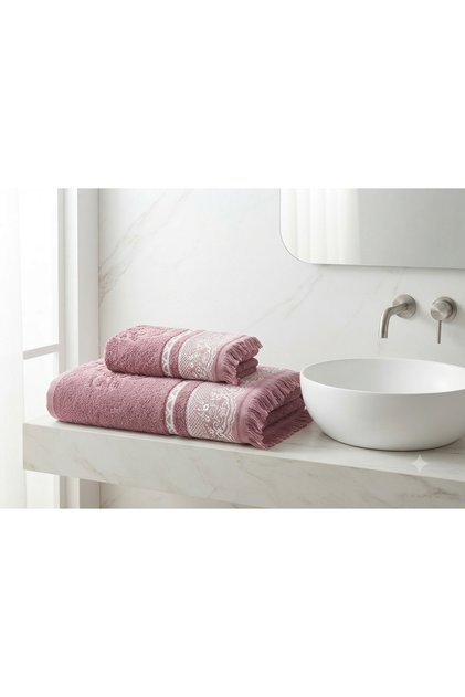 2-Piece Fringed Bath Set, Bath and Head Towels - Dried Rose