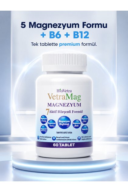 Vetramag 5 Form Magnezyum – B6 ve B12 Vitaminleri İçeren 60 Tablet Takviye Edici Gıda