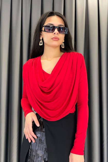 Noa Noa Shoulder Pleated Detail Drape Collar Blouse-Red Red