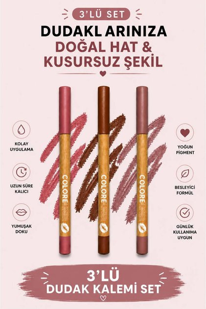 3'lü Mat Yumuşak Sürüm Dudak Kalemi Set - Uzun Süre Kalıcı Suya Dayanıklı Lipliner - 3'lü Dudak Kontür Kalemi Set