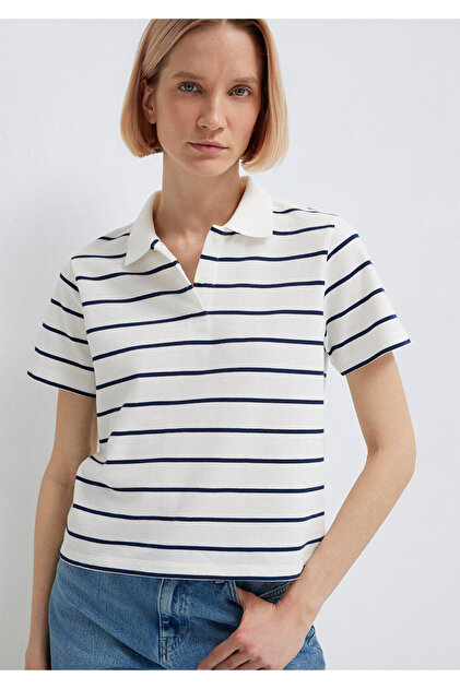 Mavi Lacivert Çizgili Beyaz Polo Tişört Regular Fit / Normal Kesim