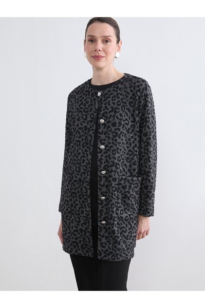 Lcw Grace Black Crew Neck Leopard Print Women's Cardigan