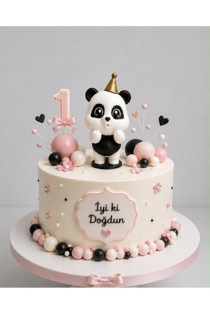 Parti Şapkalı Sevimli Panda Pasta Süsü – 10 cm Panda Figürlü Doğum Günü Pasta Dekoru
