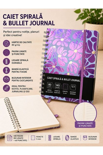 Caiet / agenda spirală & Bullet Journal – 140 pagini