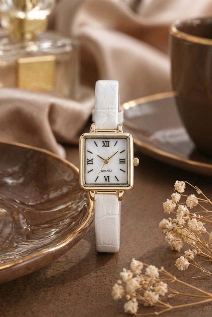 Croco Minimal Square Yellow Case Roman Number White Leather Band Stylish & Elegant Retro Women's Watch 2026