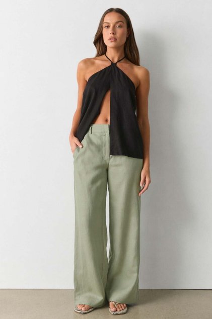 Green High Waist Linen Wide Leg Trousers Mg2718