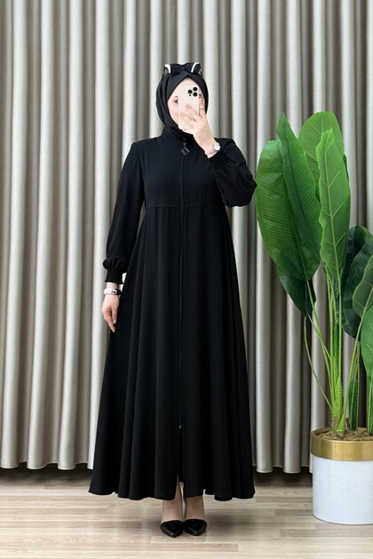 Sadakat Ferace Rabia Fabric Women's Black Full-Length Zippered Kiloş Cut Ferace