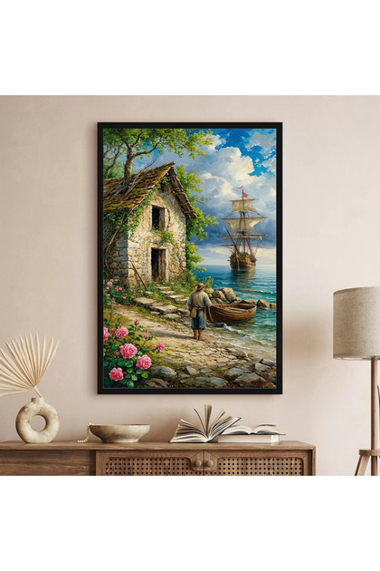 Batranul si Marea, tablou peisaj inramat living, dormitor, birou sau hol, cadou inspirat, rama lemn