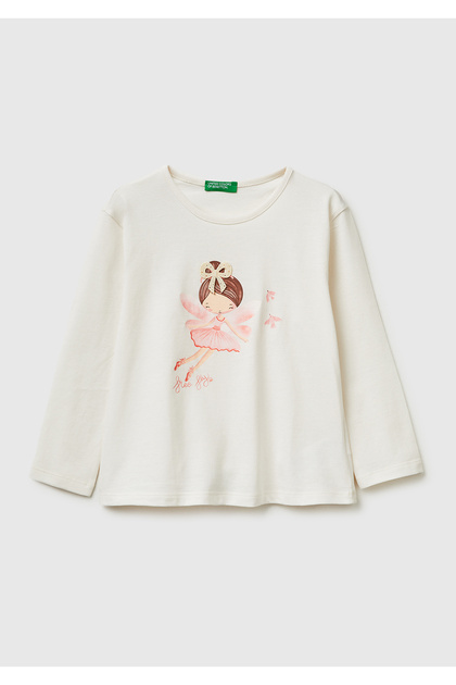 Girl's Ecru Printed Long Sleeve Crew Neck T-Shirt