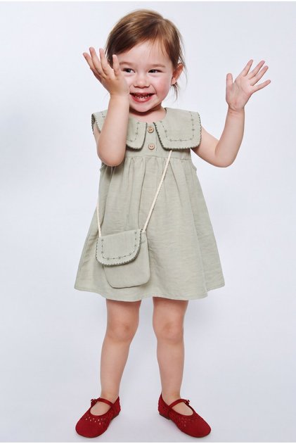 Girl's Cotton Green Dress with Embroidery Detail and Bag