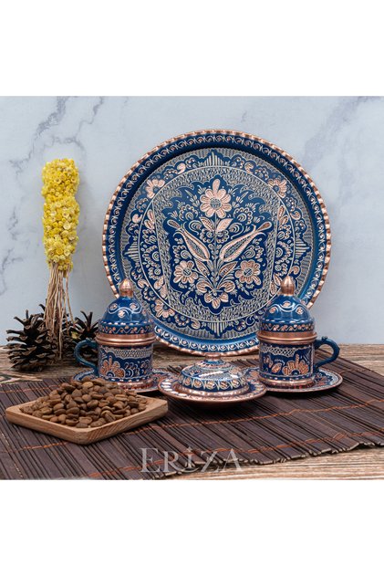 Special Presentation Set with 6 Cups, Tray, and Turkish Delight Bowls, Handcrafted Copper Coffee Set
