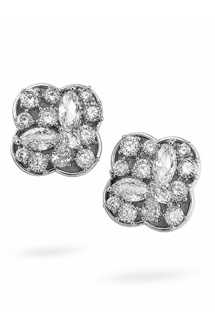 Brass Silver Color Zircon Stone Clover Model Women's Earrings