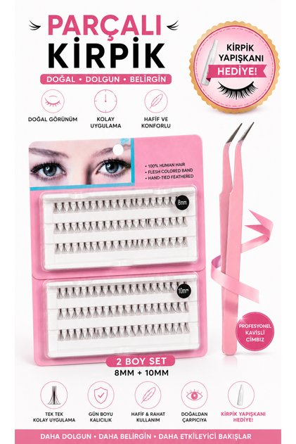 Takma Kirpik Seti 120'li Yapıştırıcı Hediyeli Sabitleyici Doğal Görünüm+ Takma Kirpik Cımbızı + Tarama Fırçası 10D-8D/10mm-8mm