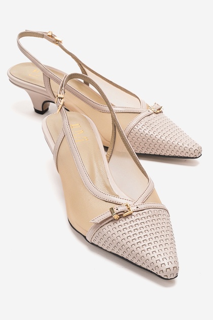 Laviera Beige Mesh Buckle Genuine Leather Women's Low Heeled Shoes