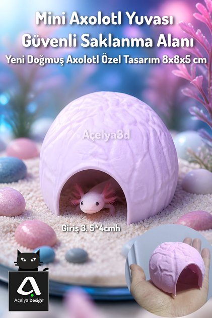 Axolotl Yuva Mağarası 8x8x5 cm – Mini Akvaryum Saklanma Alanı | Yavru Aksolotl & Karides Dekoru
