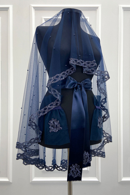 Navy Blue Bridal Veil Set, Glass Beads and Pearl Decorations, Henna Night Veil Face Cover Set 6 Pieces