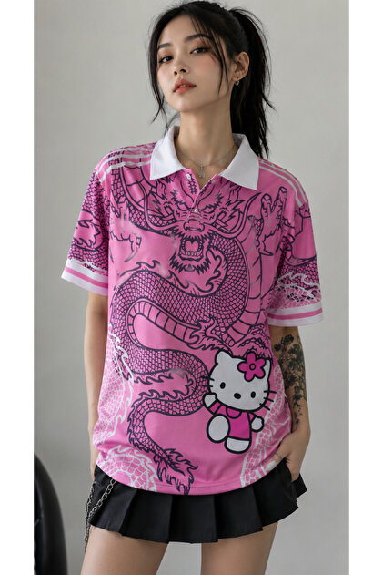 Pembe Unisex Kitty Madrid Dragon Jersey Siyah Düğmeli Yaka T-shirt