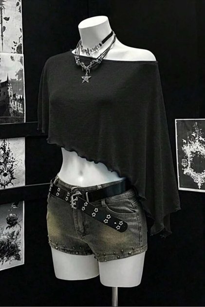 Μαύρο μανίκι νυχτερίδας ασύμμετρο με κορδόνι Y2K κοντομάνικο crop