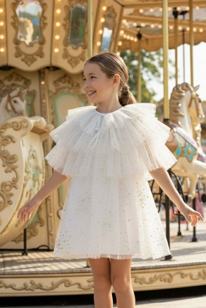 Girl's Layered Tulle Dress with Bolero and Glitter Detail Ecru (3-7 Years) 36047Pr