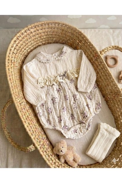 Eid Floral Collar Romper with Socks/Stockings 100% Cotton Romper Set of 2 for Baby Girls