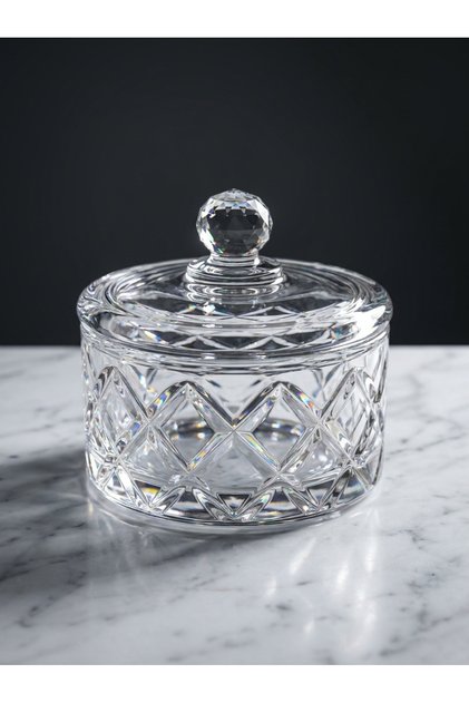 Kare Kesme Desen Kristal Kulplu Kapaklı Cam Çerezlik – Şekerlik – 10×10 cm