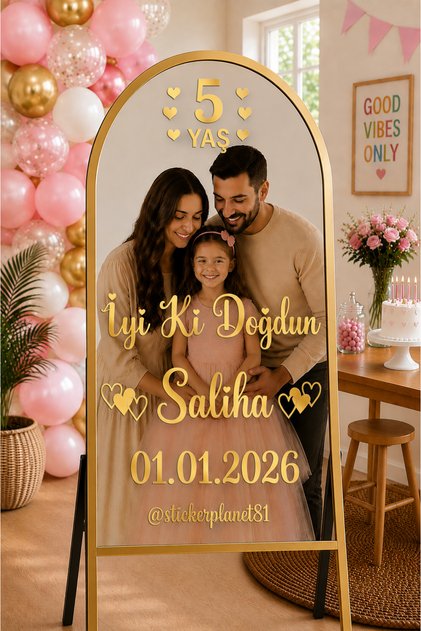 5 Yaşında Kız Çocuk Yaş Doğum Günü Ayna Yazısı Pembe Sticker | İstenilen İsim Tarih Yaş Yazılır